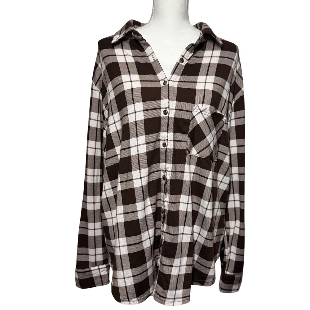 Ambiance Plaid Flannel Button Down Shirt Large Brown‎ White Excellent Stretch